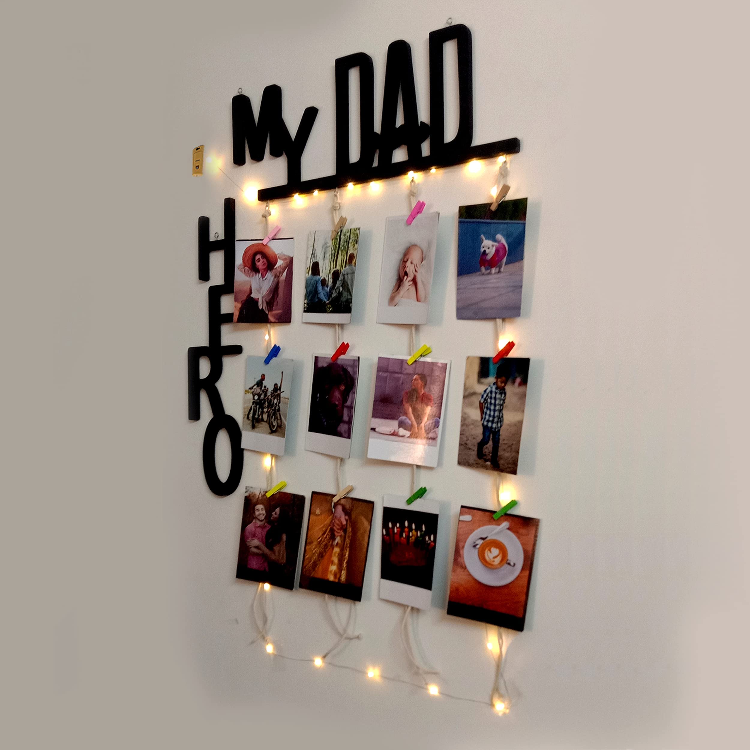 Vah Wooden Photo Frame With Led Light - Display Picture Collage Organizer With Clips (My Dad My Hero With Light)